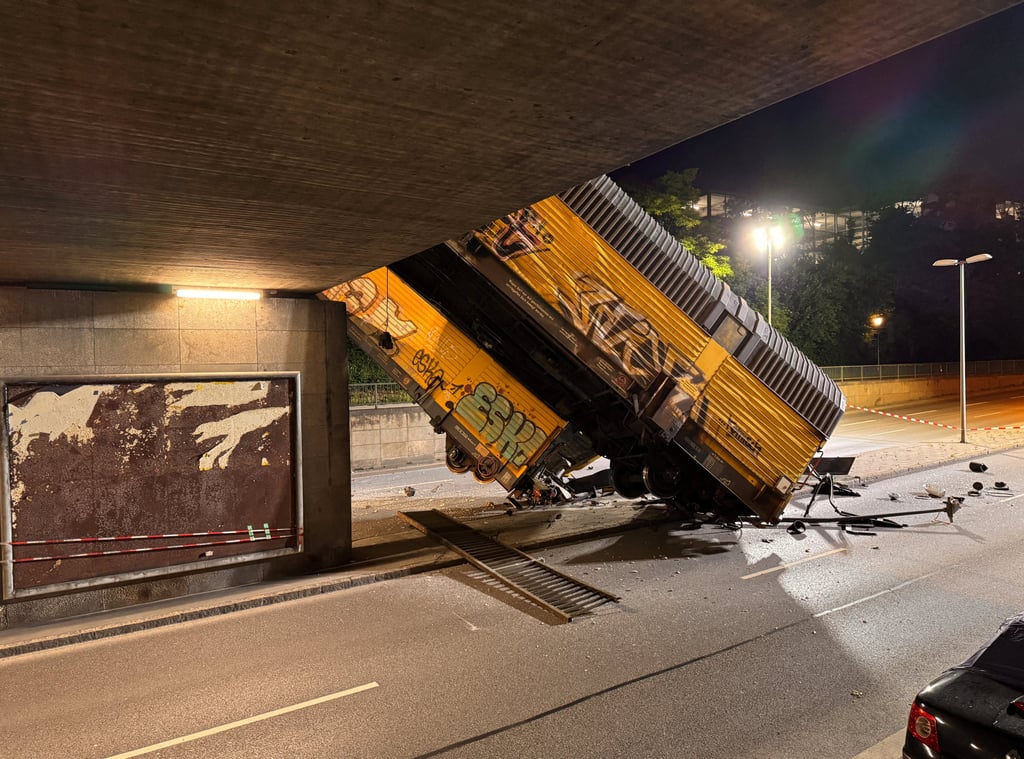 Two cars of a freight train which derailed after a collision, fell off a bridge and lay on a road in Munich on Saturday. Photo: Reuters