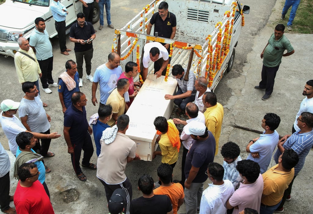 The remains of deceased Aditya Sharma arriving at his home in Hamirpur, Himachal Pradesh, India on Thursday. Sharma was among three crew members killed in a US attack on the Indian-crewed tanker MT Settebello. Photo: Reuters The remains of deceased Aditya Sharma arriving at his home in Hamirpur, Himachal Pradesh, India on Thursday. Sharma was among three crew members killed in a US attack on the Indian-crewed tanker MT Settebello. Photo: Reuters