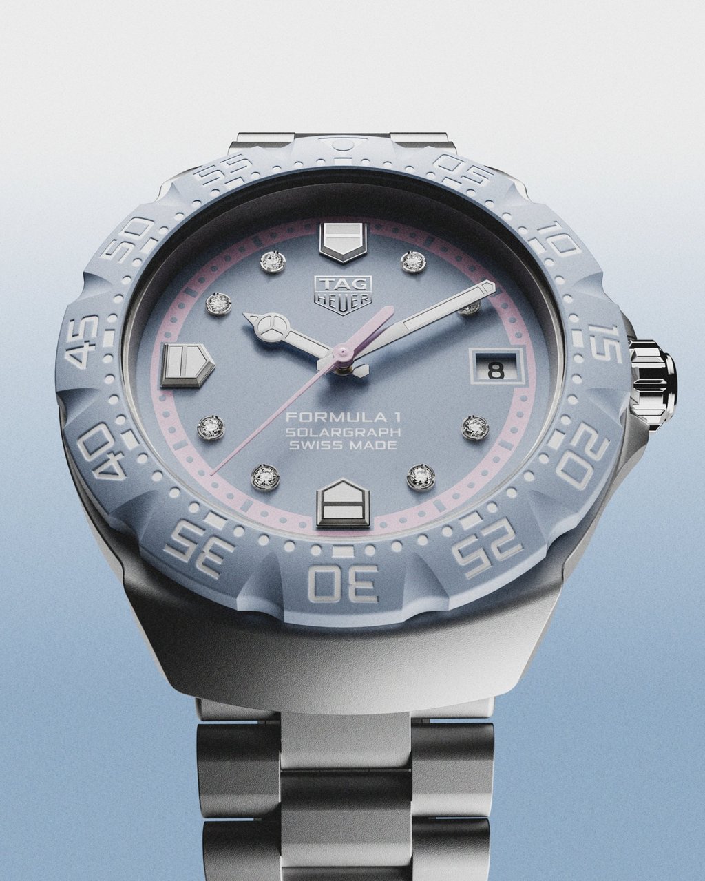Tag Heuer Formula One 38mm Solargraph with pastel blue opaline dial and pastel pink flange. Photo: Handout Tag Heuer Formula One 38mm Solargraph with pastel blue opaline dial and pastel pink flange. Photo: Handout