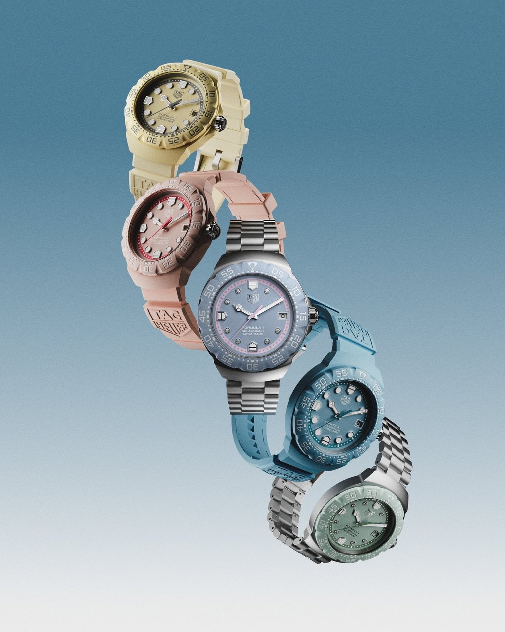 The five watches in the Tag Heuer Formula One 38mm Solargraph Pastel collection. Photo: Handout The five watches in the Tag Heuer Formula One 38mm Solargraph Pastel collection. Photo: Handout