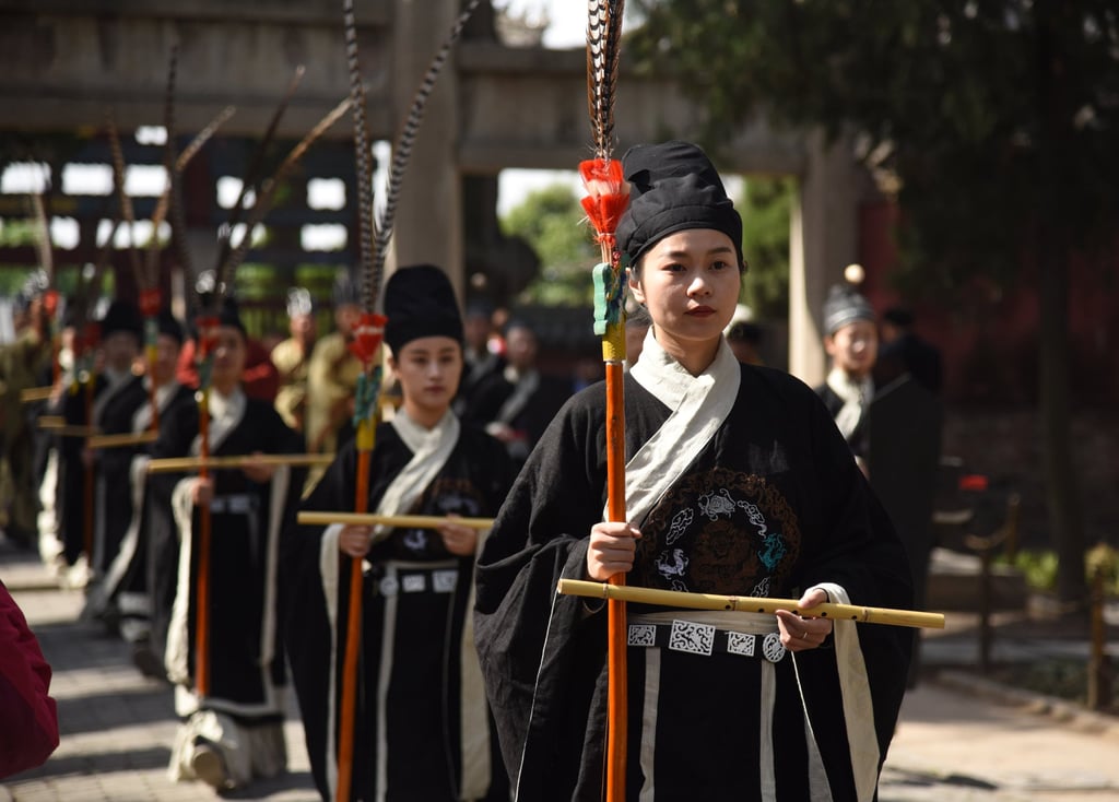 People perform a commemoration ceremony for ancient Chinese philosopher Mencius and Mencius’ mother, in Zoucheng, Shandong province, on May 6, 2019. Photo: Xinhua