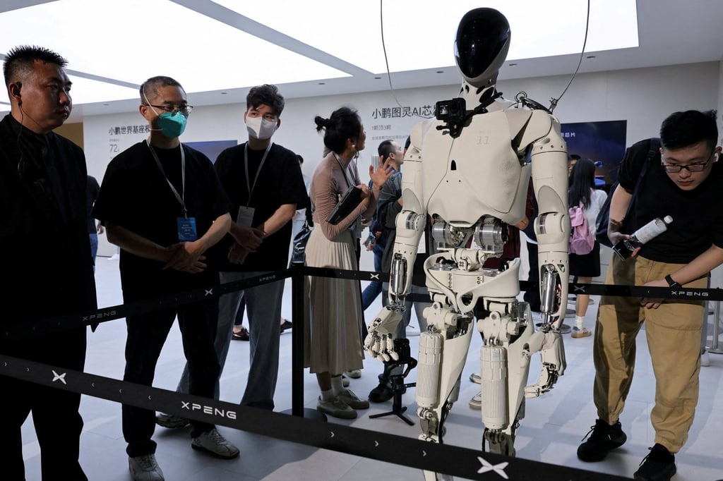 Xpeng’s humanoid robot Iron is displayed during the Auto Shanghai show in Shanghai. The company plans to begin mass production of the model by the end of 2026. Photo: Reuters Xpeng’s humanoid robot Iron is displayed during the Auto Shanghai show in Shanghai. The company plans to begin mass production of the model by the end of 2026. Photo: Reuters
