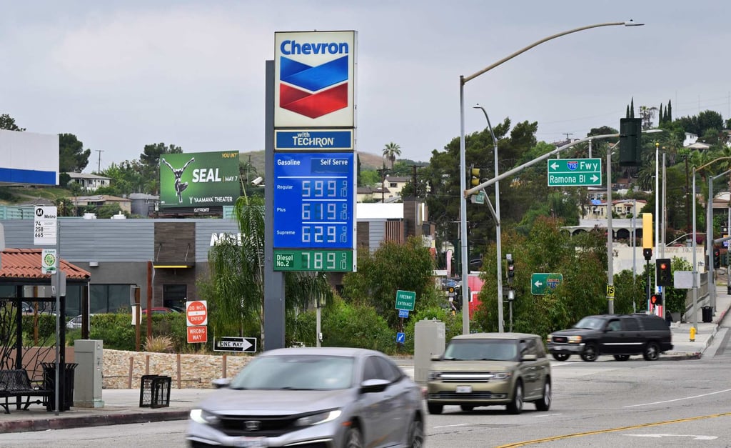 Gasoline prices are displayed at a Chevron gas station in Los Angeles, California in March. Photo: AFP
