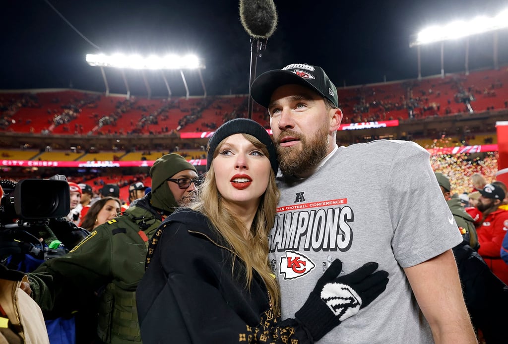 Taylor Swift celebrates with Travis Kelce of the Kansas City Chiefs after his team defeated the Buffalo Bills, in January 2025, in Kansas City, Missouri. Photo: Getty Images/TNS