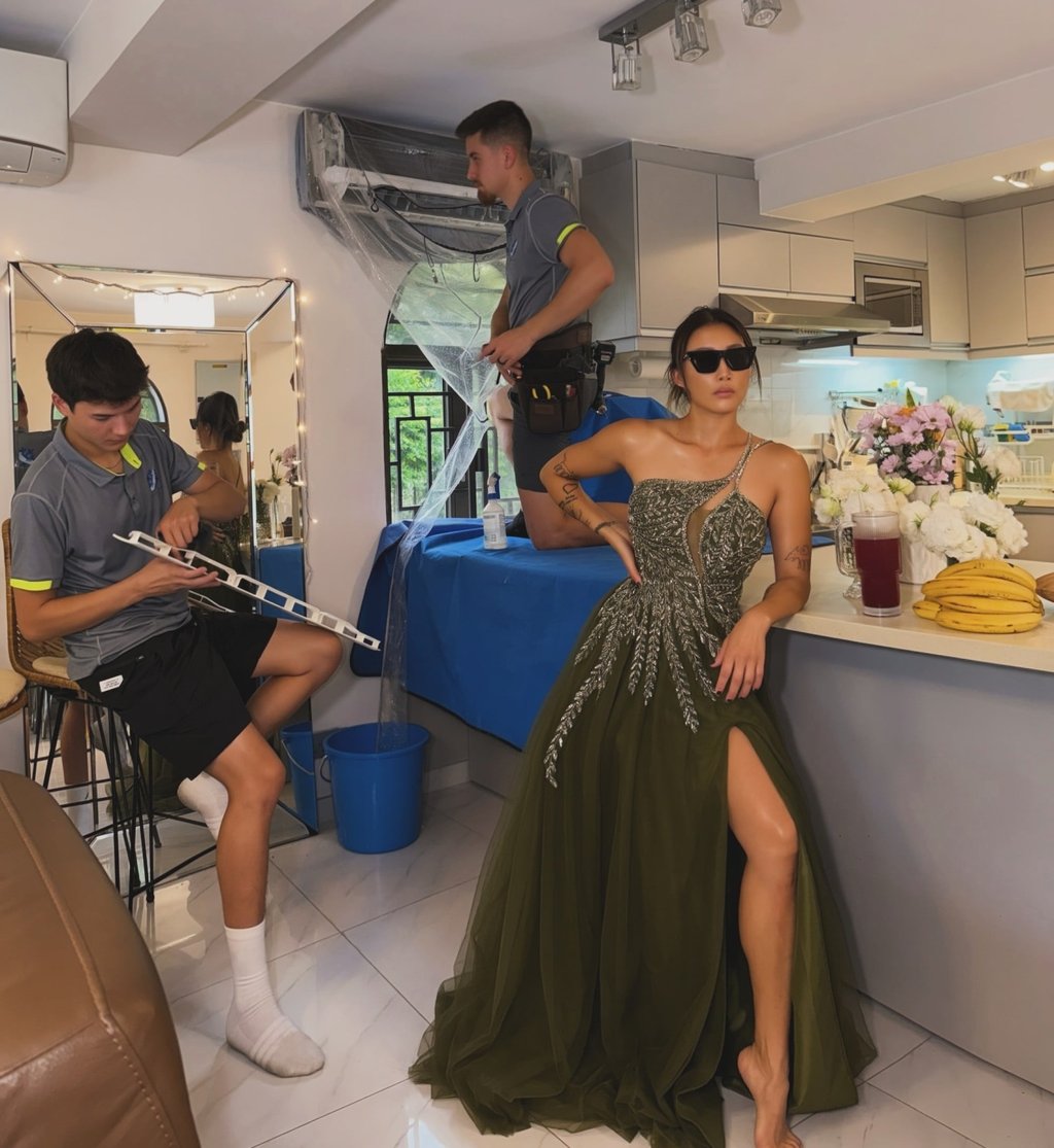 Influencer Utah Lee poses while an air conditioner in her home is professionally cleaned. Photo: Instagram/utahlee