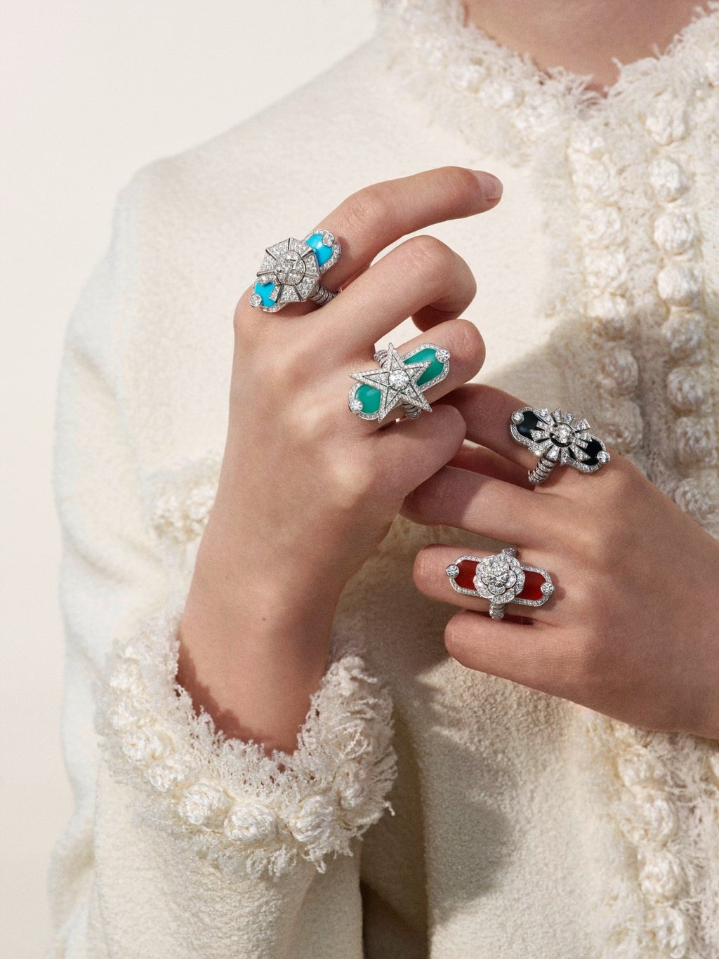A model wears Talisman Gabrielle rings from Chanel’s Signes & Symboles high jewellery collection. Photo: Handout