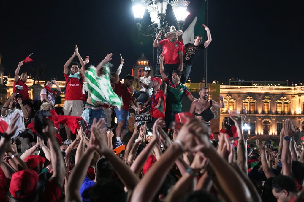 Morocco fans gather in Monterrey’s Macroplaza ahead of their side’s game against the Netherlands. Photo: AP