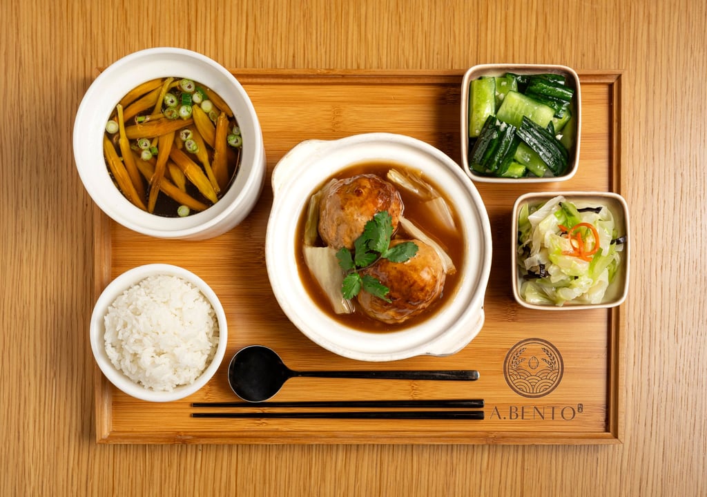 Braised lion’s head meatballs with soup and appetisers at A.Bento. Photo: Nora Hamade Braised lion’s head meatballs with soup and appetisers at A.Bento. Photo: Nora Hamade