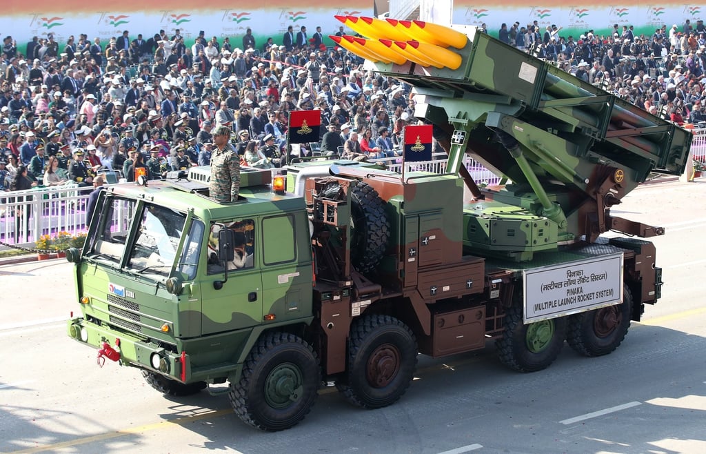 Pinaka multiple launch rocket system on display during India’s Republic Day celebrations in New Delhi in January 2025. Photo: EPA-EFE Pinaka multiple launch rocket system on display during India’s Republic Day celebrations in New Delhi in January 2025. Photo: EPA-EFE