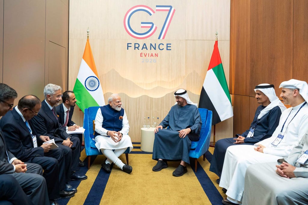 Officials from India and the UAE meet on the sidelines of the G7 summit in Evian, eastern France, on June 16. Photo: UAE Presidential Court / AFP Officials from India and the UAE meet on the sidelines of the G7 summit in Evian, eastern France, on June 16. Photo: UAE Presidential Court / AFP