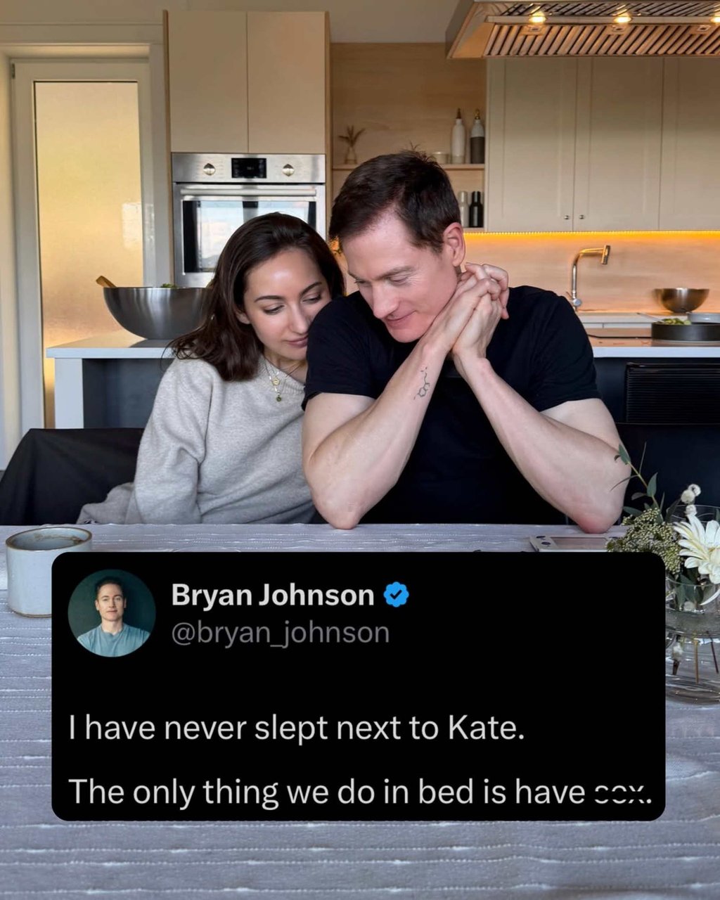 Bryan Johnson has posted about his and Kate Tolo’s unconventional sleep habits – the pair do not share a bed, citing sleep quality as a non-negotiable pillar of their longevity protocol. Photo: @bryanjohnson_/Instagram