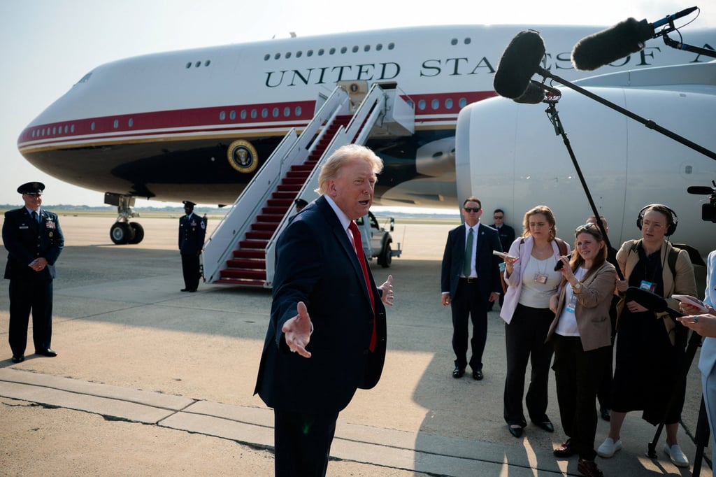 US President Donald Trump speaks to reporters in Maryland on Wednesday before boarding the new Air Force One, a present from the Qatari government. Photo: Reuters US President Donald Trump speaks to reporters in Maryland on Wednesday before boarding the new Air Force One, a present from the Qatari government. Photo: Reuters