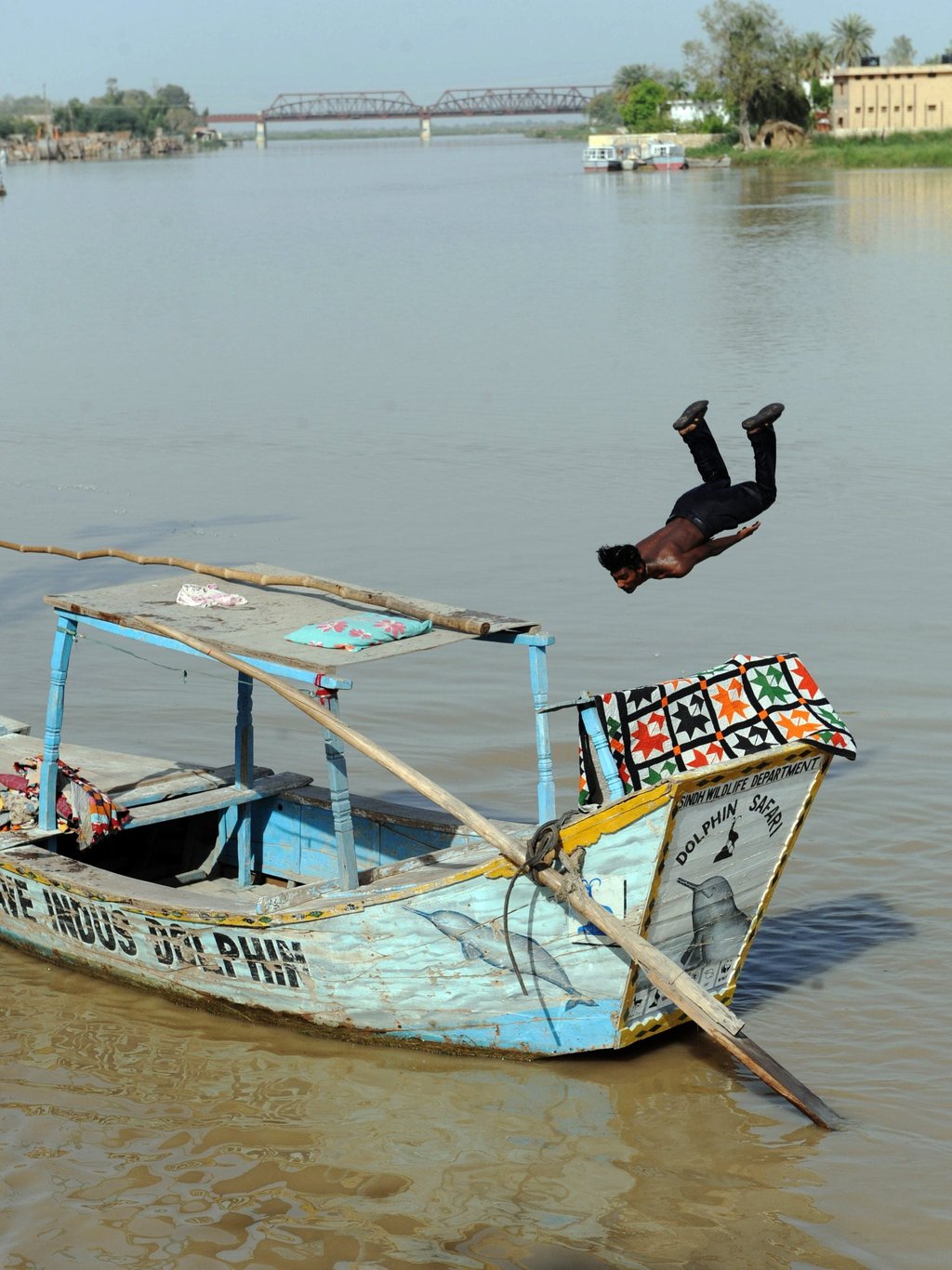 A Pakistani youth jumps into the Indus River along the southern city of Sukkur. Photo: AFP A Pakistani youth jumps into the Indus River along the southern city of Sukkur. Photo: AFP