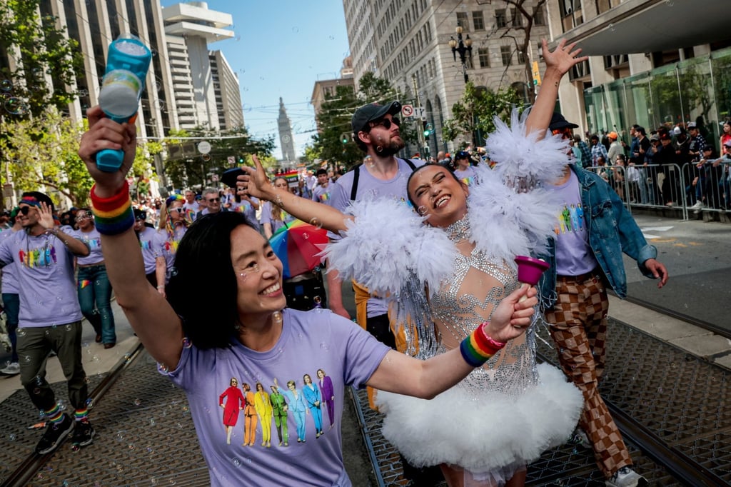 Congressional candidate Connie Chan takes part in San Francisco’s 56th annual Pride parade on June 28. Photo: AP