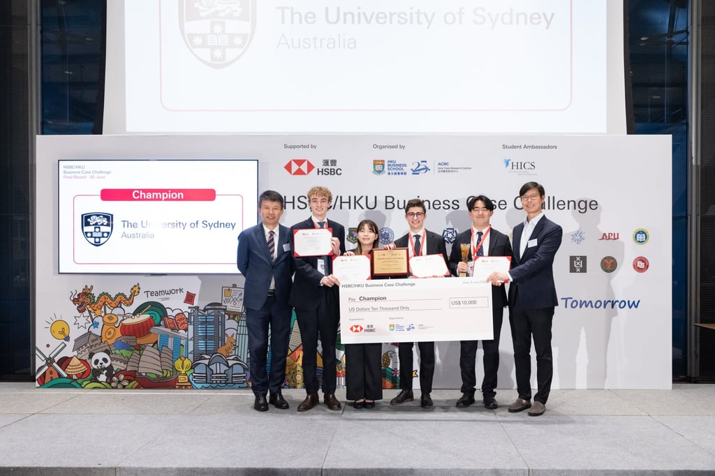 (From left) Professor Hongbin Cai, dean of HKU Business School, with winners Jacob Callaway, Praew Praewinkant, Jeremy Simonetto and Andris Dang of the University of Sydney team and David Liao, co-chief executive of HSBC Asia and Middle East, at the Global Finals of the HSBC/HKU Business Case Challenge 2026. Photo: HSBC (From left) Professor Hongbin Cai, dean of HKU Business School, with winners Jacob Callaway, Praew Praewinkant, Jeremy Simonetto and Andris Dang of the University of Sydney team and David Liao, co-chief executive of HSBC Asia and Middle East, at the Global Finals of the HSBC/HKU Business Case Challenge 2026. Photo: HSBC