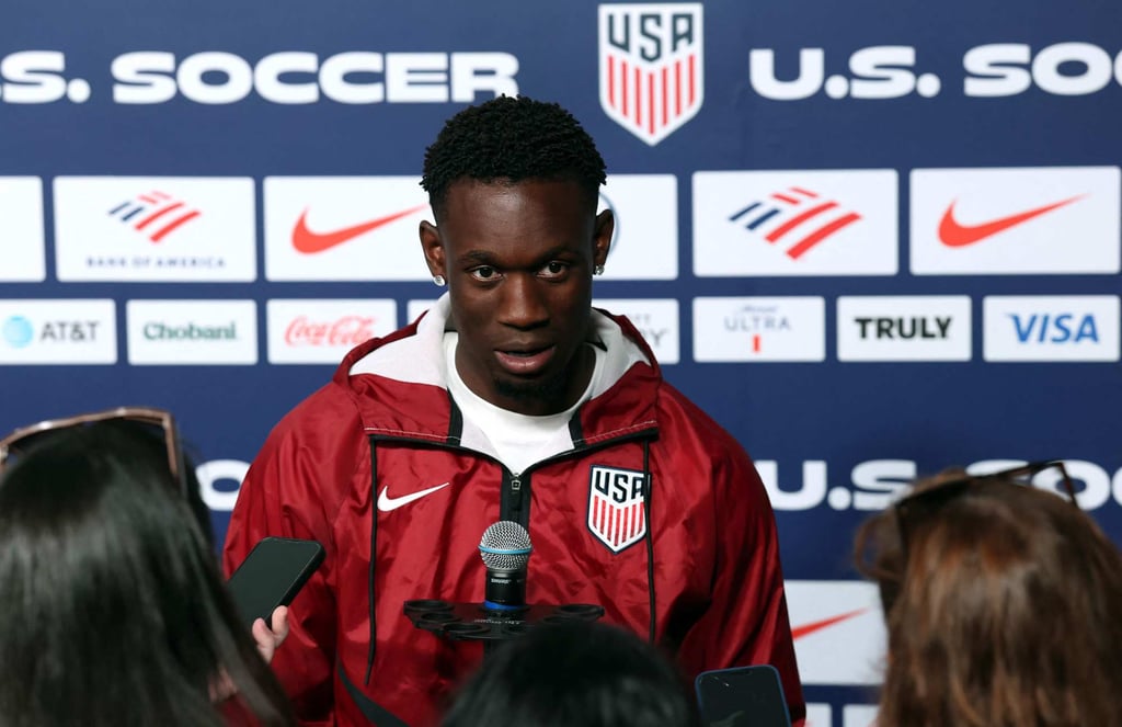 Folarin Balogun of the United States talks to the media during a training session at Great Park Sports Complex in Irvine, California, in June. Photo: Getty Images/AFP Folarin Balogun of the United States talks to the media during a training session at Great Park Sports Complex in Irvine, California, in June. Photo: Getty Images/AFP