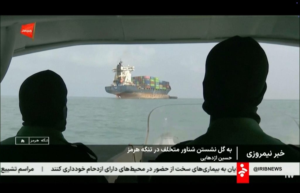 A frame grab of footage aired on Wednesday by Iranian state television shows a vessel that ran aground in the Strait of Hormuz. Photo: Iranian state television via AP A frame grab of footage aired on Wednesday by Iranian state television shows a vessel that ran aground in the Strait of Hormuz. Photo: Iranian state television via AP