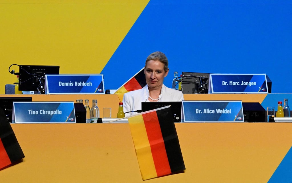 The co-leader of the far-right Alternative for Germany (AfD) party, Alice Weidel, sits on stage on Sunday during the second day of the party’s congress. Photo: AFP The co-leader of the far-right Alternative for Germany (AfD) party, Alice Weidel, sits on stage on Sunday during the second day of the party’s congress. Photo: AFP