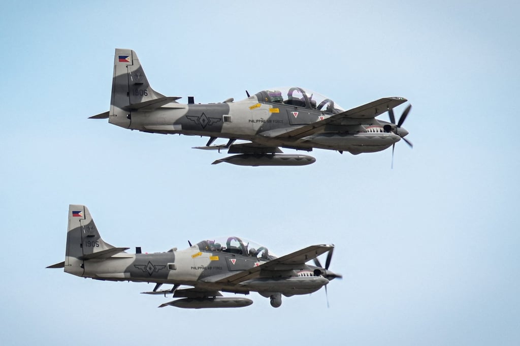 Super Tucano light attack aircraft of the Philippine Air Force, designed for counter-insurgency operations, perform a fly-by during joint drills with the US in 2024. Photo: AFP Super Tucano light attack aircraft of the Philippine Air Force, designed for counter-insurgency operations, perform a fly-by during joint drills with the US in 2024. Photo: AFP