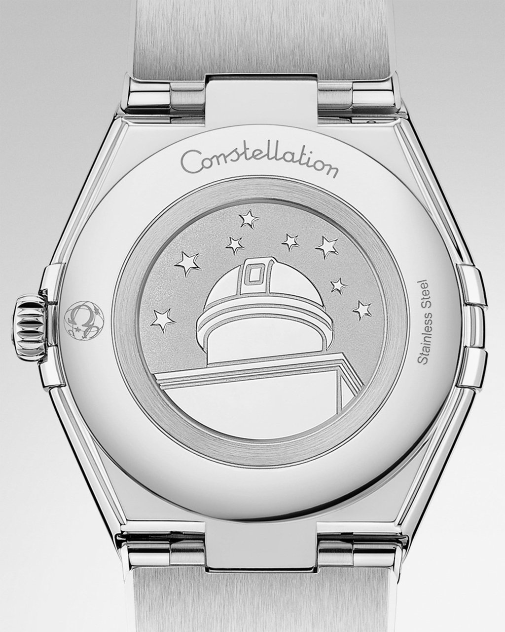 The Geneva Observatory’s eight-star medallion on the back of the Omega 2025 Constellation 28mm. Photo: Handout The Geneva Observatory’s eight-star medallion on the back of the Omega 2025 Constellation 28mm. Photo: Handout