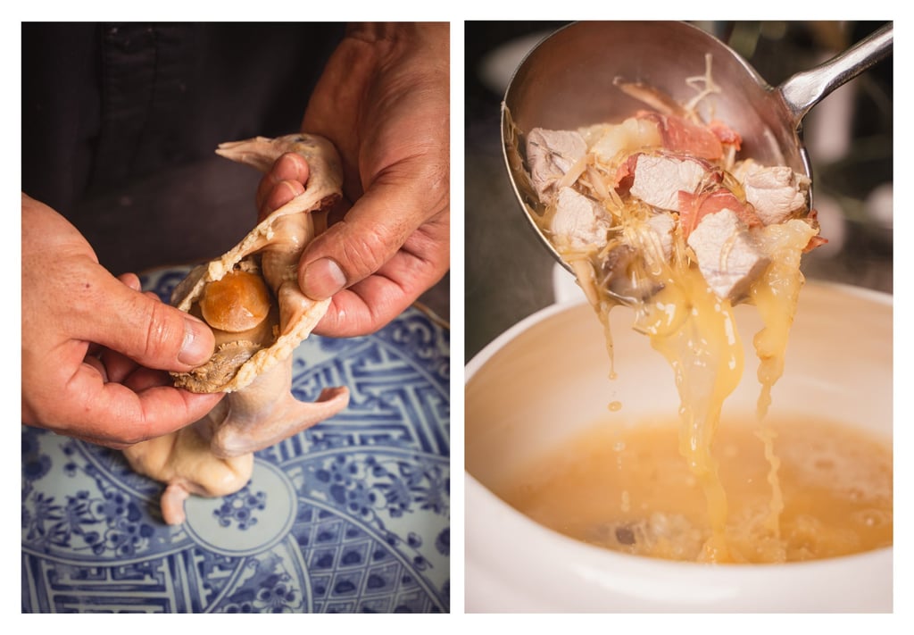 Left: Silas Li stuffs pigeon with Buddha Jumps Over the Wall ingredients. Right: Hong Kong Cuisine 1983’s Buddha Jumps Over the Wall. Photo: Alexander Mak Left: Silas Li stuffs pigeon with Buddha Jumps Over the Wall ingredients. Right: Hong Kong Cuisine 1983’s Buddha Jumps Over the Wall. Photo: Alexander Mak