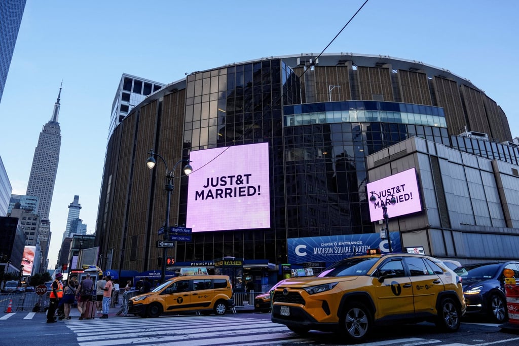 Screens outside Madison Square Garden celebrate Taylor Swift and Travis Kelce’s marriage, in New York, US, on July 3. Photo: Reuters Screens outside Madison Square Garden celebrate Taylor Swift and Travis Kelce’s marriage, in New York, US, on July 3. Photo: Reuters