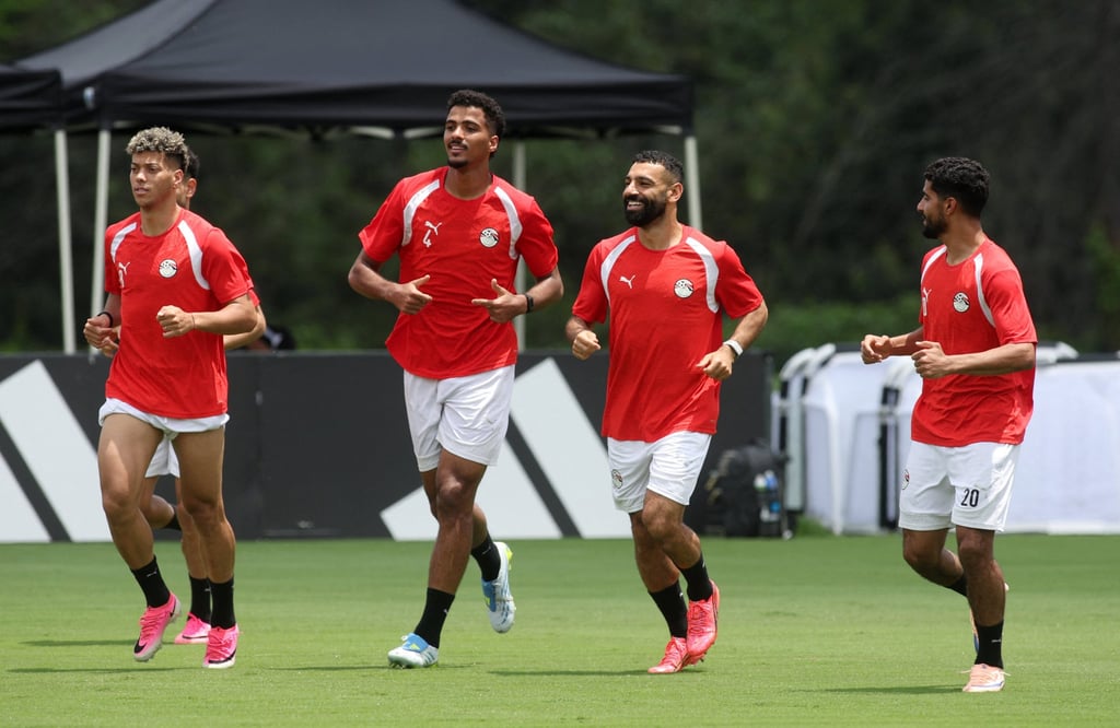Mohamed Salah (second from right) in training with his Egypt teammates. Photo: Reuters Mohamed Salah (second from right) in training with his Egypt teammates. Photo: Reuters
