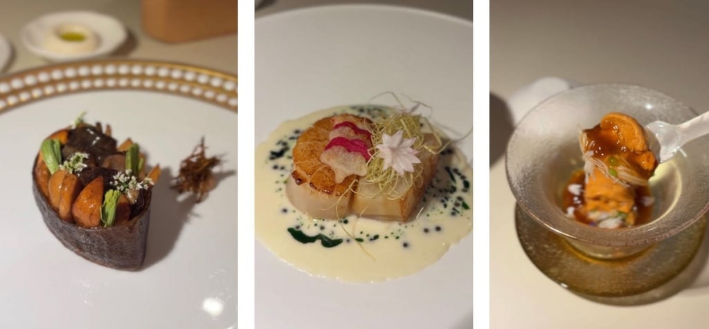 (From left) A medley of mushrooms set inside a “gunkan” of purple potato, pan-seared Normandy scallop with Oscietra caviar and coconut sauce, and steamed snow crab with consommé jelly and sea urchin. Photos: Charmaine Mok (From left) A medley of mushrooms set inside a “gunkan” of purple potato, pan-seared Normandy scallop with Oscietra caviar and coconut sauce, and steamed snow crab with consommé jelly and sea urchin. Photos: Charmaine Mok