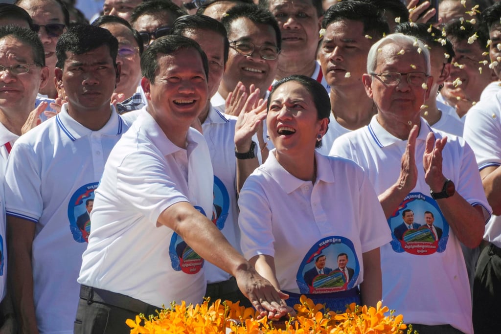 Cambodian Prime Minister Hun Manet and his wife Pich Chanmony press the button during a groundbreaking ceremony of the China-funded Funan Techo canal which will connect Phnom Penh with the coastal province of Kep, on August 5, 2024. Photo: AP Cambodian Prime Minister Hun Manet and his wife Pich Chanmony press the button during a groundbreaking ceremony of the China-funded Funan Techo canal which will connect Phnom Penh with the coastal province of Kep, on August 5, 2024. Photo: AP