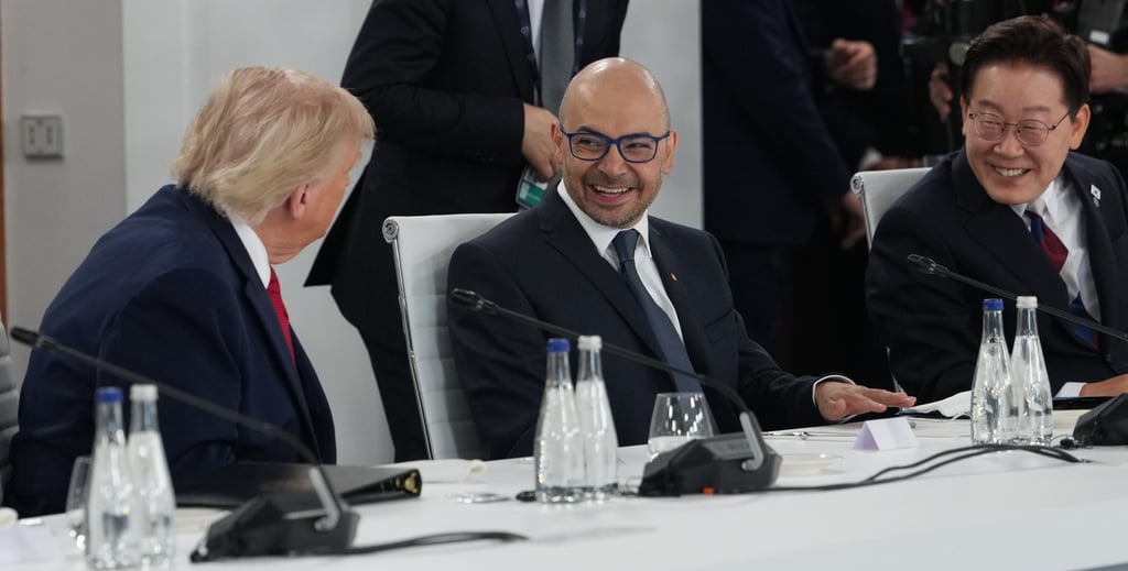 US President Donald Trump (left) talks to South Korea’s President Lee Jae Myung (right) and Black Forest Labs CEO Robin Rombach during a G7 summit meeting on June 17. Photo: AP US President Donald Trump (left) talks to South Korea’s President Lee Jae Myung (right) and Black Forest Labs CEO Robin Rombach during a G7 summit meeting on June 17. Photo: AP