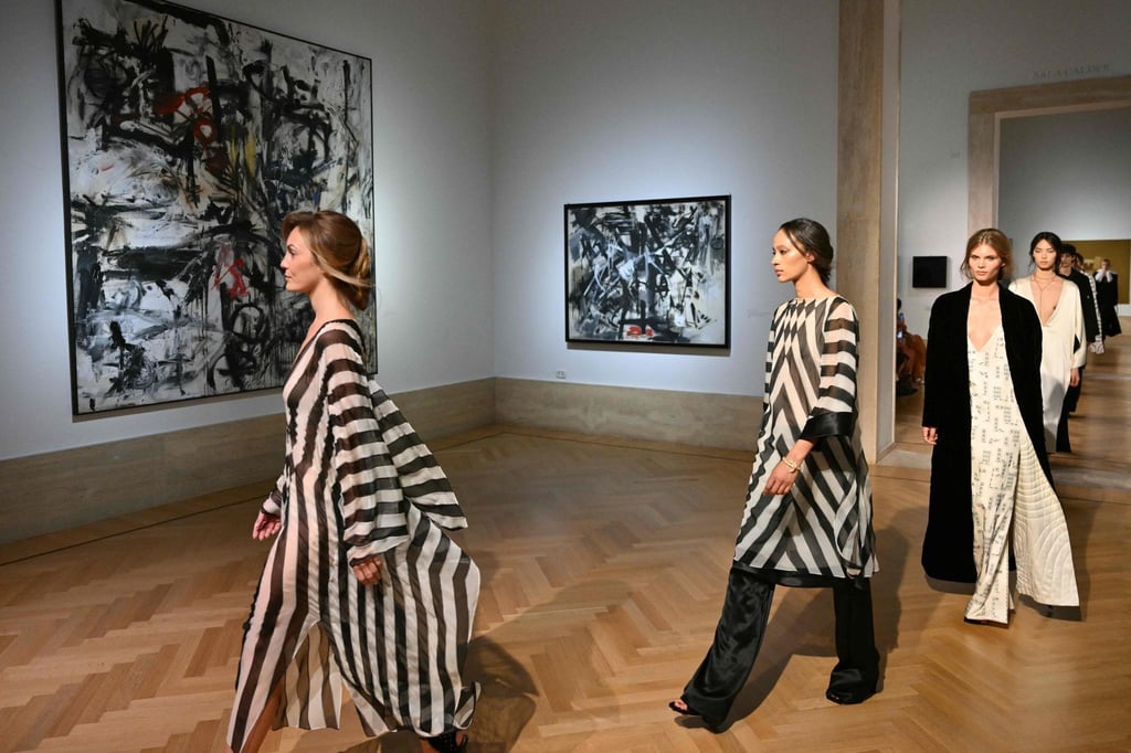 The collection features a predominantly monochrome palette. Photo: AFP The collection features a predominantly monochrome palette. Photo: AFP