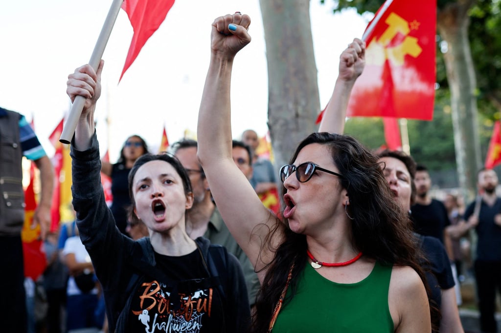 Women shout slogans during a protest, ahead of the Nato leaders’ summit, in Istanbul, Turkey, on Sunday. Photo: Reuters Women shout slogans during a protest, ahead of the Nato leaders’ summit, in Istanbul, Turkey, on Sunday. Photo: Reuters