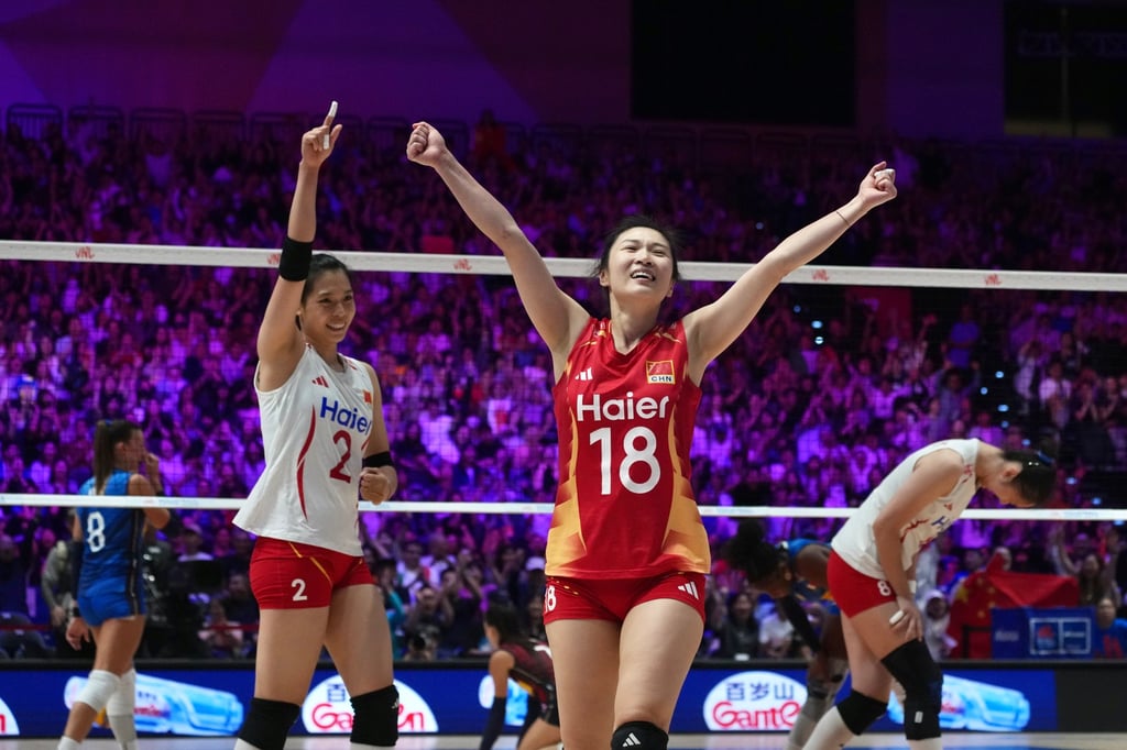 China’s Wang Mengjie celebrates a point against Italy. Photo: Karma Lo