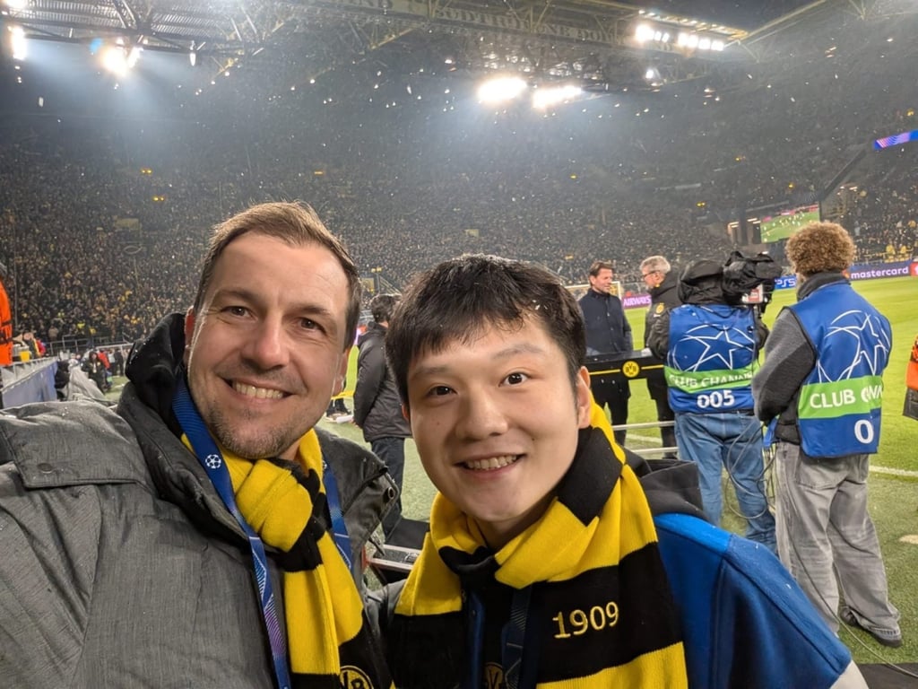 Fan Zhendong with German table tennis player Timo Boll at a football match in Dortmund. Photo: Timo Boll Fan Zhendong with German table tennis player Timo Boll at a football match in Dortmund. Photo: Timo Boll