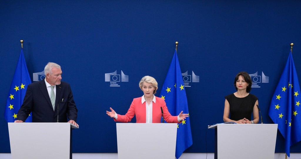 (From left) Director of the Department of Child and Adolescent Psychiatry, Psychosomatics and Psychotherapy at Ulm University Medical Centre Dr Jorg M Fegert, European Commission President Ursula von der Leyen and Director at the French National Institute of Health and Medical Research Maria Melchior at a press conference in Brussels on Monday. Photo: AFP (From left) Director of the Department of Child and Adolescent Psychiatry, Psychosomatics and Psychotherapy at Ulm University Medical Centre Dr Jorg M Fegert, European Commission President Ursula von der Leyen and Director at the French National Institute of Health and Medical Research Maria Melchior at a press conference in Brussels on Monday. Photo: AFP