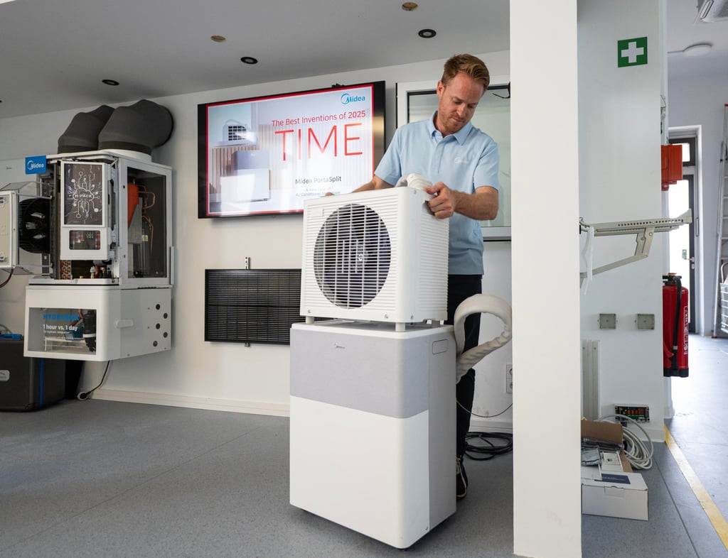 The PortaSplit split air conditioner is displayed in Stuttgart, Germany, on June 30. Photo: Xinhua The PortaSplit split air conditioner is displayed in Stuttgart, Germany, on June 30. Photo: Xinhua