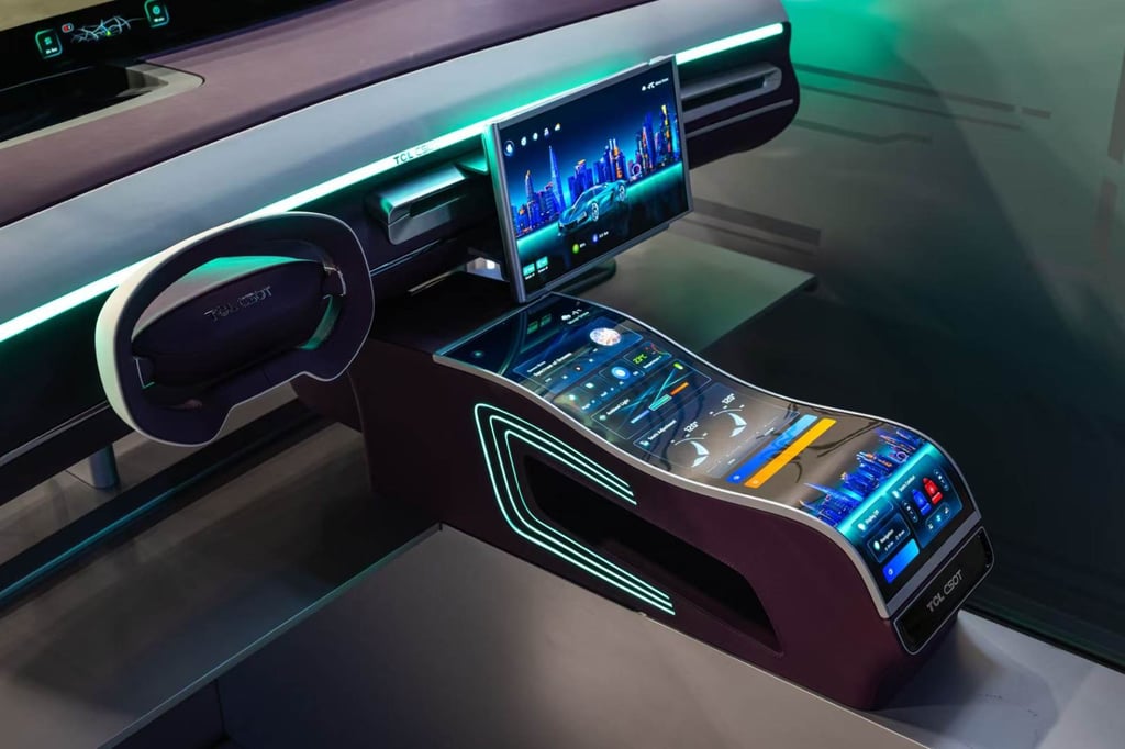 TCL CSOT showcases a model of its inkjet-printed, organic light-emitting diode car console, which will soon be featured in the latest hi-tech vehicles. TCL CSOT showcases a model of its inkjet-printed, organic light-emitting diode car console, which will soon be featured in the latest hi-tech vehicles.