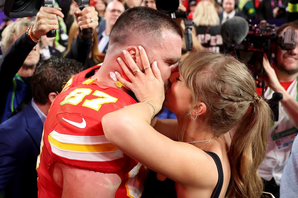 Taylor Swift kisses Travis Kelce after the Kansas City Chiefs’ victory over the San Francisco 49ers at the 2024 Super Bowl. Photo: TNS