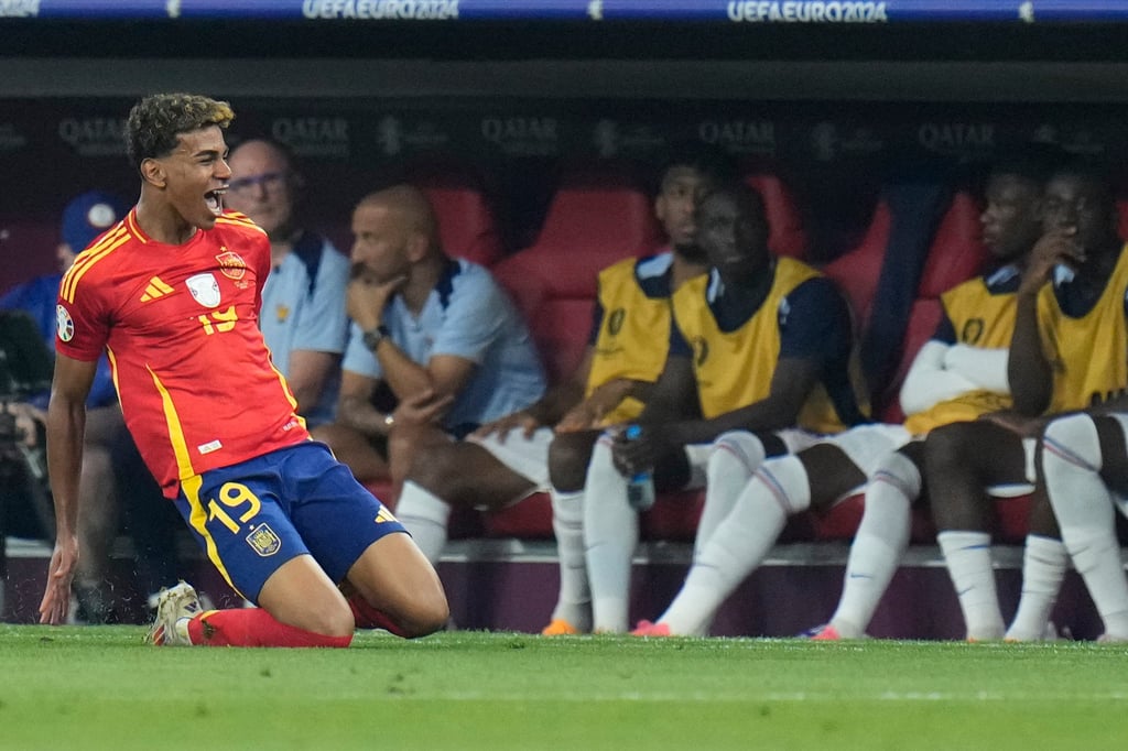 Lamine Yamal celebrates after scoring Spain’s first goal in their 2-1 semi-final win at Euro 2024. Photo: AP Lamine Yamal celebrates after scoring Spain’s first goal in their 2-1 semi-final win at Euro 2024. Photo: AP