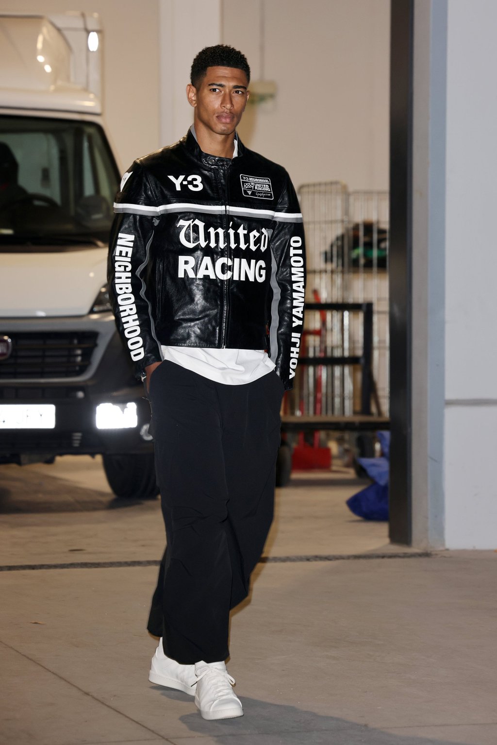 Jude Bellingham leaves the Adidas World Cup shoot in Madrid in his Y-3 NBHD leather racer jacket. Photo: Getty Images Jude Bellingham leaves the Adidas World Cup shoot in Madrid in his Y-3 NBHD leather racer jacket. Photo: Getty Images