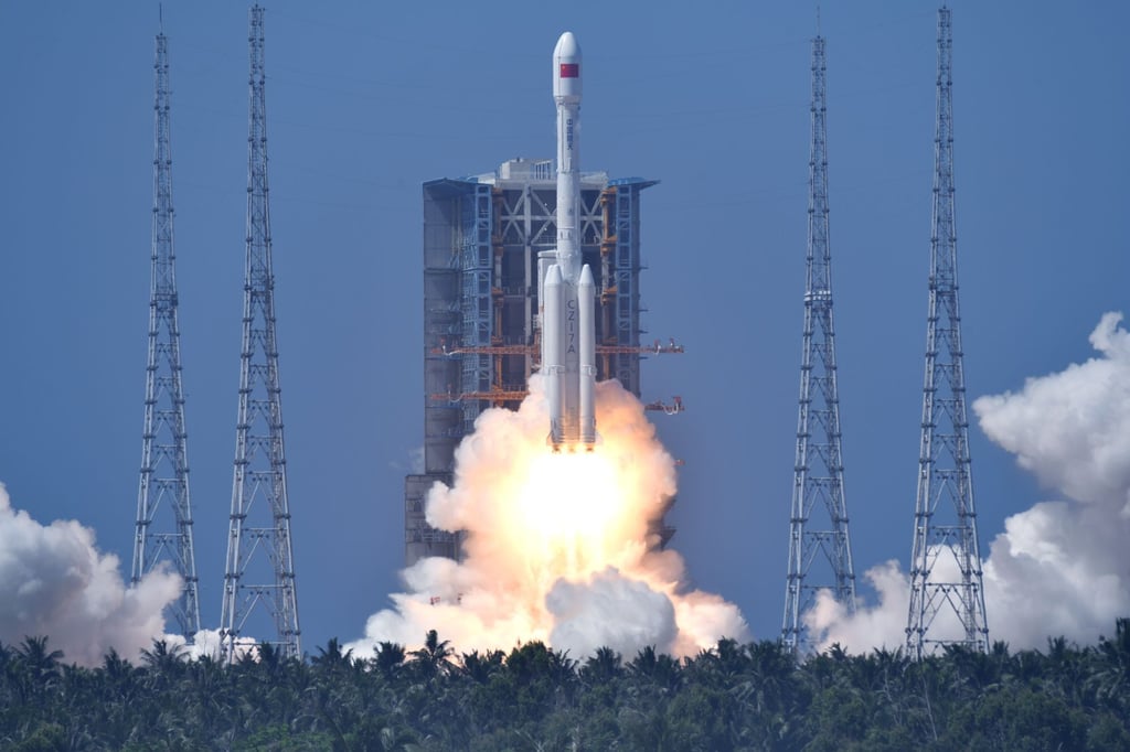 A communications satellite equipped with the 750 newton test engine takes off from the Wenchang launch site in southern China on board a modified version of the Long March-7 rocket on June 23. Photo: Xinhua A communications satellite equipped with the 750 newton test engine takes off from the Wenchang launch site in southern China on board a modified version of the Long March-7 rocket on June 23. Photo: Xinhua