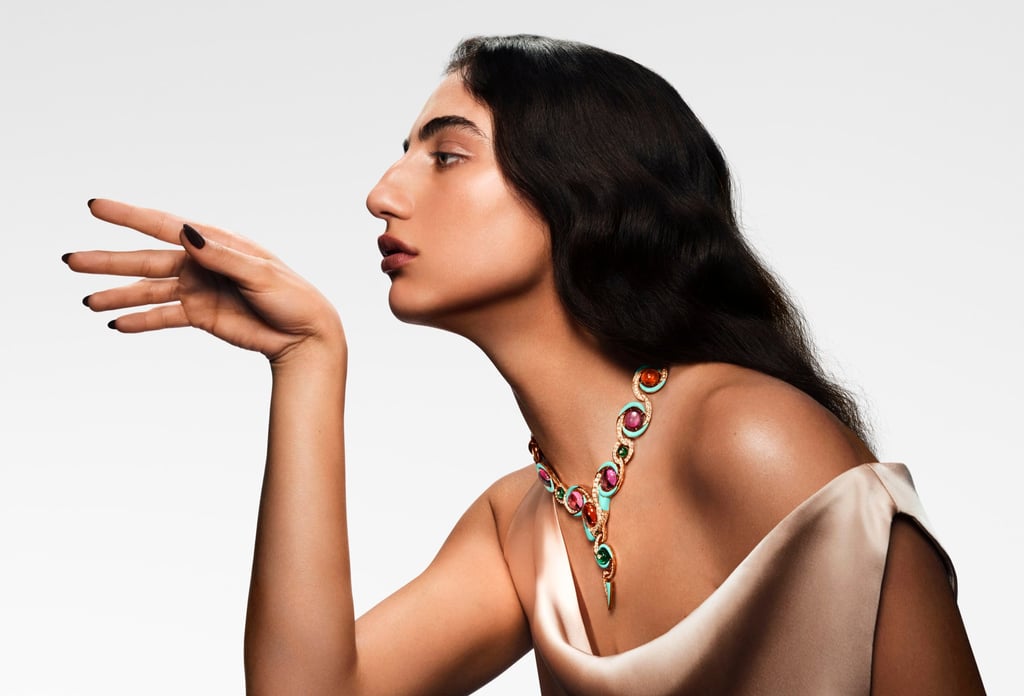 The Serpenti necklace features turquoise elements, oval cabochon mandarin garnets, pink tourmalines and rubellites interspersed with emerald beads. Photo: Handout The Serpenti necklace features turquoise elements, oval cabochon mandarin garnets, pink tourmalines and rubellites interspersed with emerald beads. Photo: Handout