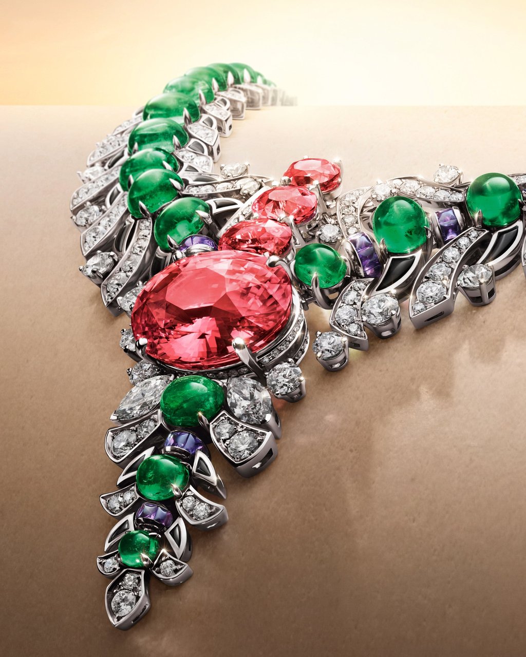 The Secret Garden necklace showcases a rare Padparadscha sapphire. Photo: Handout The Secret Garden necklace showcases a rare Padparadscha sapphire. Photo: Handout