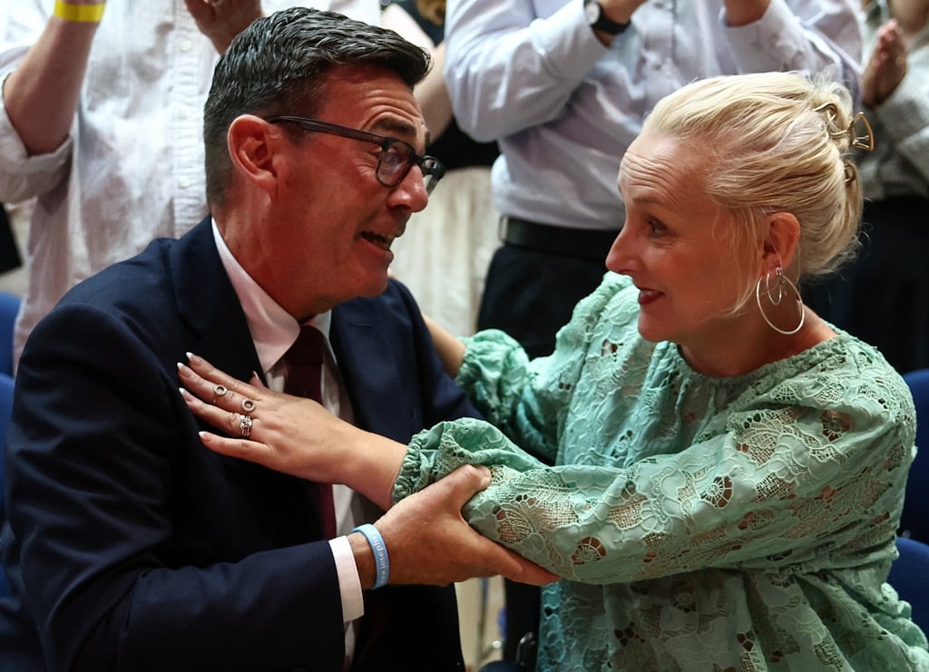 Andy Burnham hugs his wife, Marie-France van Heel, after being confirmed as the Labour Party’s new leader on Friday. Photo: EPA Andy Burnham hugs his wife, Marie-France van Heel, after being confirmed as the Labour Party’s new leader on Friday. Photo: EPA