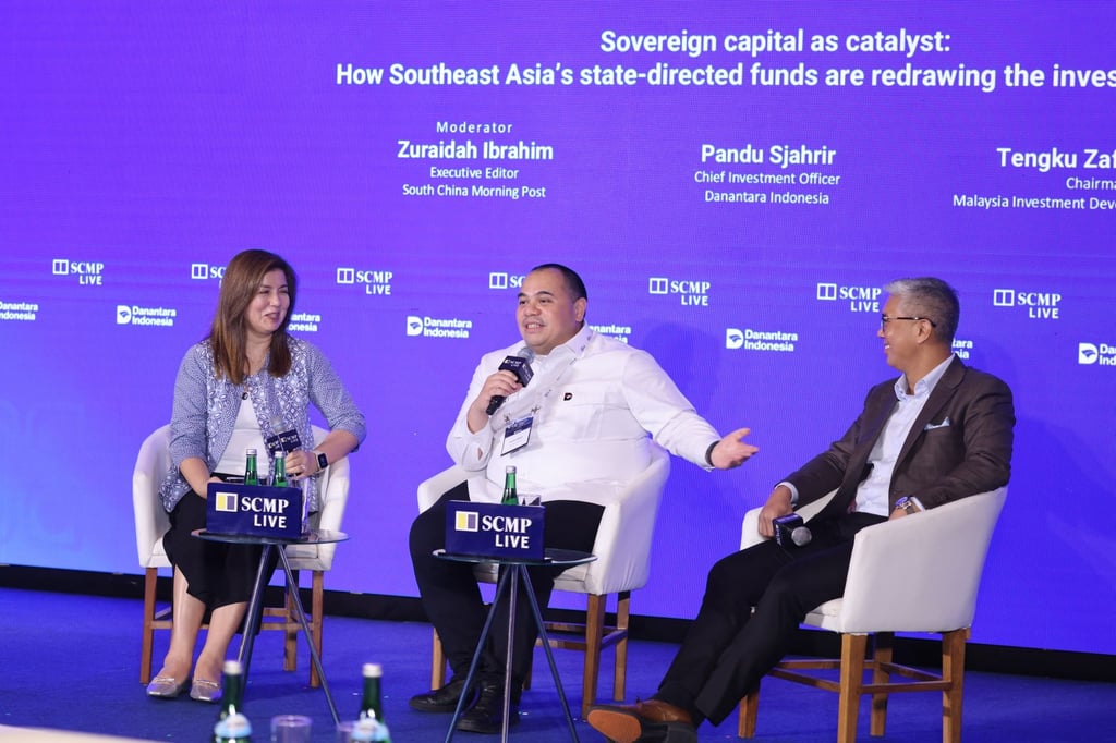 (Left to right): Zuraidah Ibrahim, executive editor, South China Morning Post; Pandu Sjahrir, chief investment officer, Danantara Indonesia; and Tengku Zafrul Aziz, chairman, Malaysia Investment Development Authority speak during a panel discussion at the Nusa Dua Forum in Bali on Friday. Photo: Nora Tam (Left to right): Zuraidah Ibrahim, executive editor, South China Morning Post; Pandu Sjahrir, chief investment officer, Danantara Indonesia; and Tengku Zafrul Aziz, chairman, Malaysia Investment Development Authority speak during a panel discussion at the Nusa Dua Forum in Bali on Friday. Photo: Nora Tam