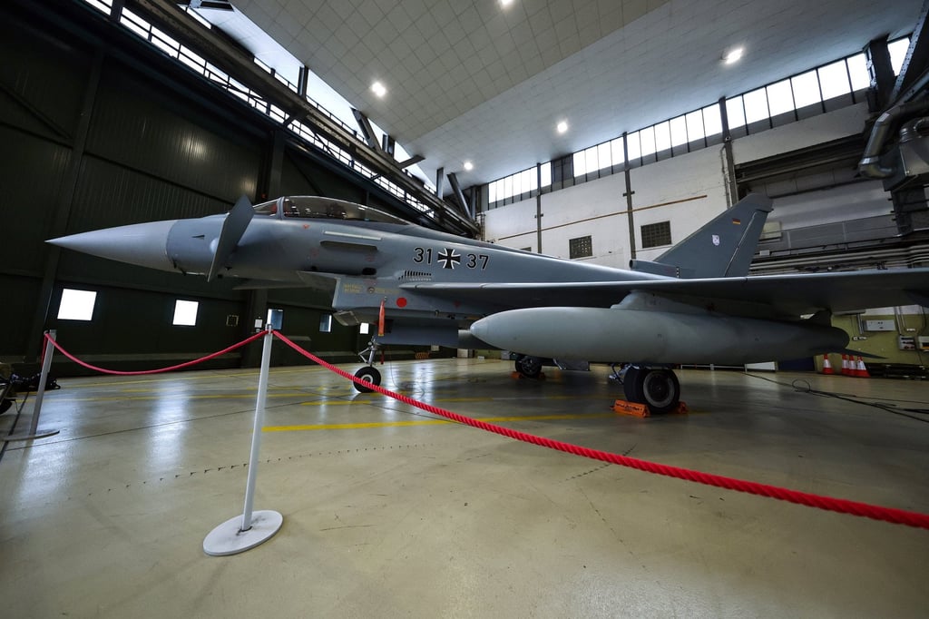 A Eurofighter jet of the German Armed Forces, the Bundeswehr, in a hangar of the Noervenich Air Base, in Noervenich, Germany, on Friday. Photo: EPA A Eurofighter jet of the German Armed Forces, the Bundeswehr, in a hangar of the Noervenich Air Base, in Noervenich, Germany, on Friday. Photo: EPA