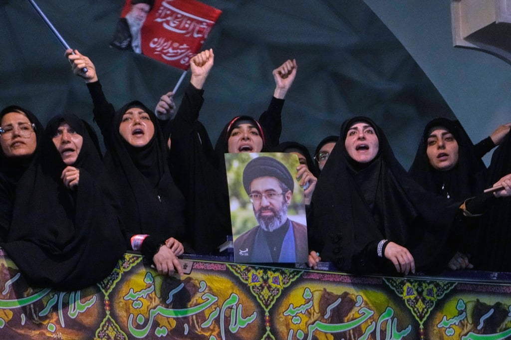 Iranian women chant slogans as one of them holds a poster of the Supreme Leader Ayatollah Mojtaba Khamenei in Tehran on Tuesday. Photo: A Iranian women chant slogans as one of them holds a poster of the Supreme Leader Ayatollah Mojtaba Khamenei in Tehran on Tuesday. Photo: A