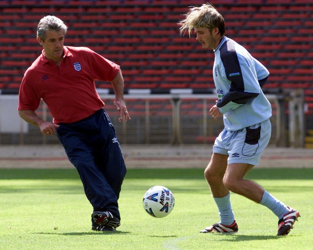 Manager Kevin Keegan (left) passing to David Beckham during an England training session. Photo: KM Manager Kevin Keegan (left) passing to David Beckham during an England training session. Photo: KM