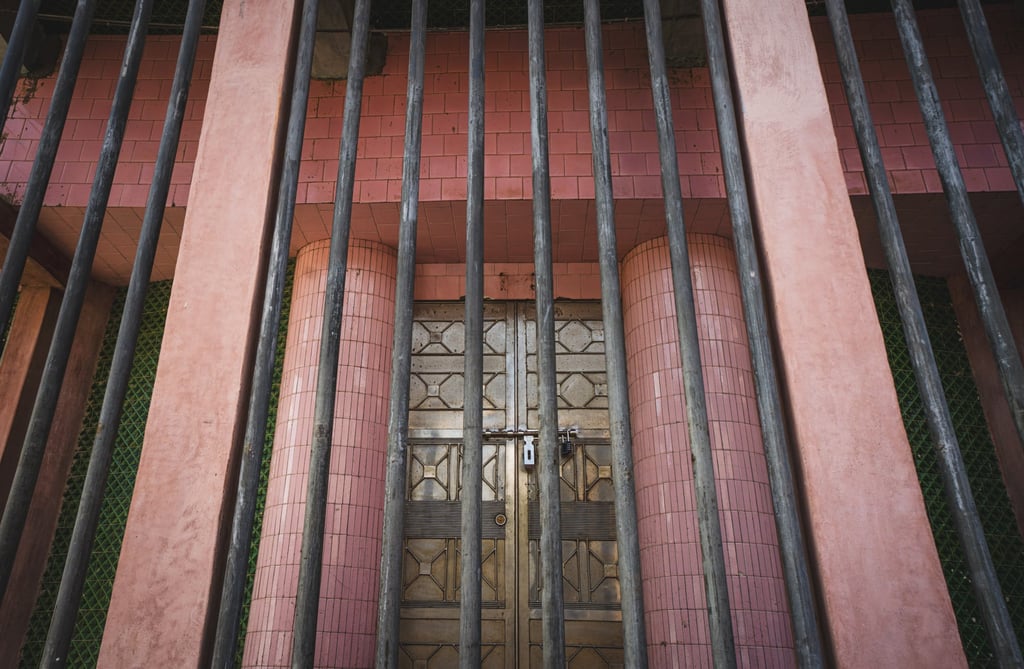 The locked entrance to the Weird Building, which has never been opened to the public. Photo: Alexander Mak The locked entrance to the Weird Building, which has never been opened to the public. Photo: Alexander Mak