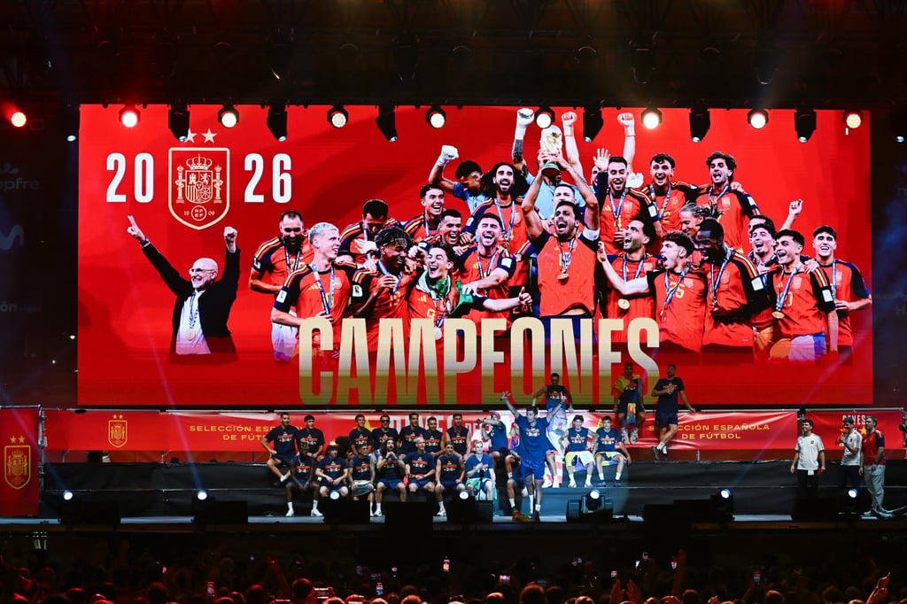 The Spanish team on stage at the celebrations in Madrid, Spain, on Monday. Photo: Xinhua The Spanish team on stage at the celebrations in Madrid, Spain, on Monday. Photo: Xinhua